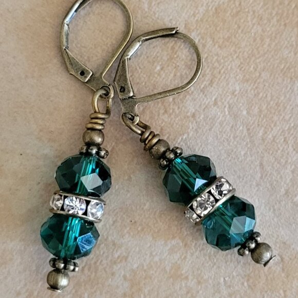 Peacock Green Crystal Clear Rhinestone Rondelle Earrings Bronze Brass Lever Back - Picture 1 of 5